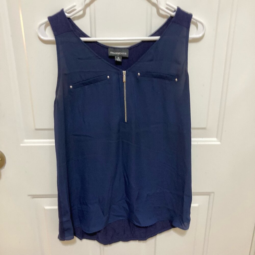 Fortune + Ivy Top Navy Blue Sleeveless Blouse with Zipper Detail